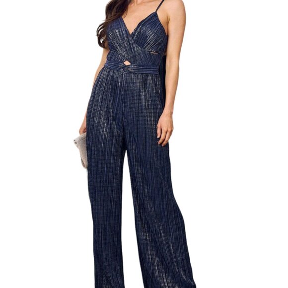 Women`s Sleeveless V-Neck Front Cut Out Shimmer Jumpsuit, Navy, Xsmall-Large - Picture 2 of 6